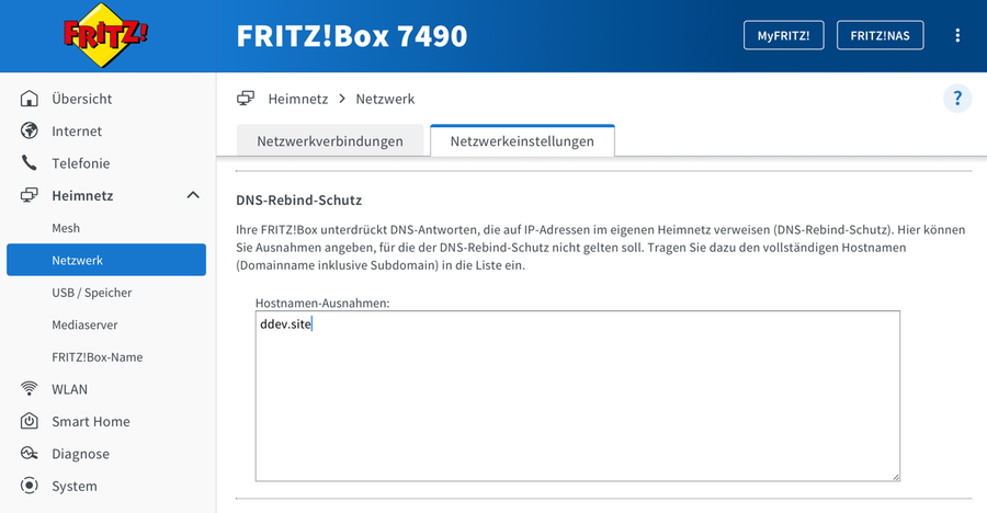 Fritz!Box router network settings showing DNS rebinding protection options