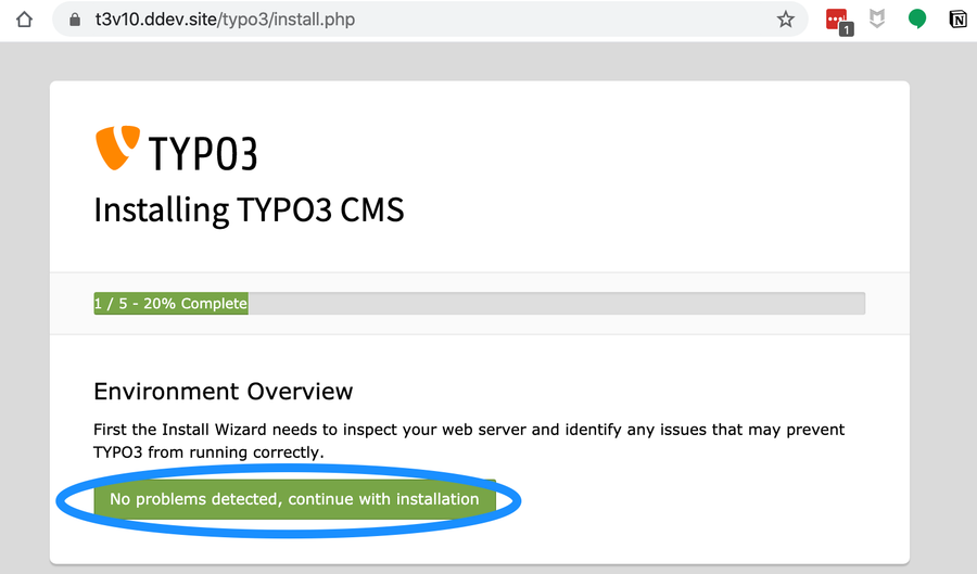 Screenshot of a browser with a TYPO3 install in progress, with emphasis on a button that reads “No problems detected, continue with installation”