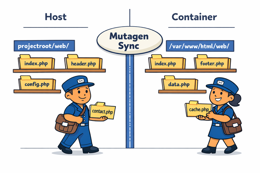 Friendly illustration of how Mutagen sync works between host and container filesystems