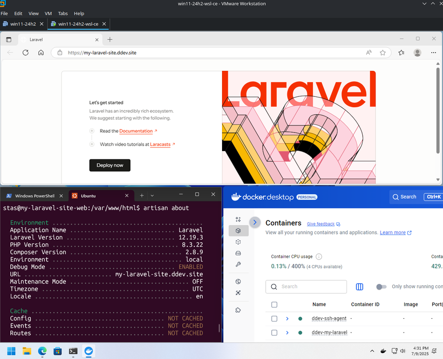 Screenshot showing a DDEV Laravel demo project running on Windows using WSL2 and Docker Desktop.