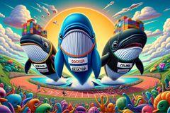 Cartoon race with three whales competing in a running race